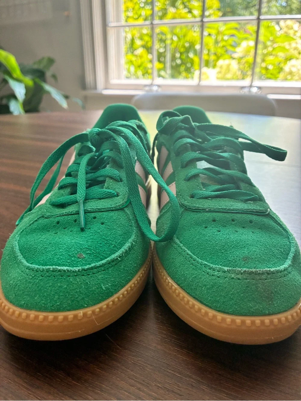 adidas Kids Green Suede Sneakers with White Stripes and Pink Heel